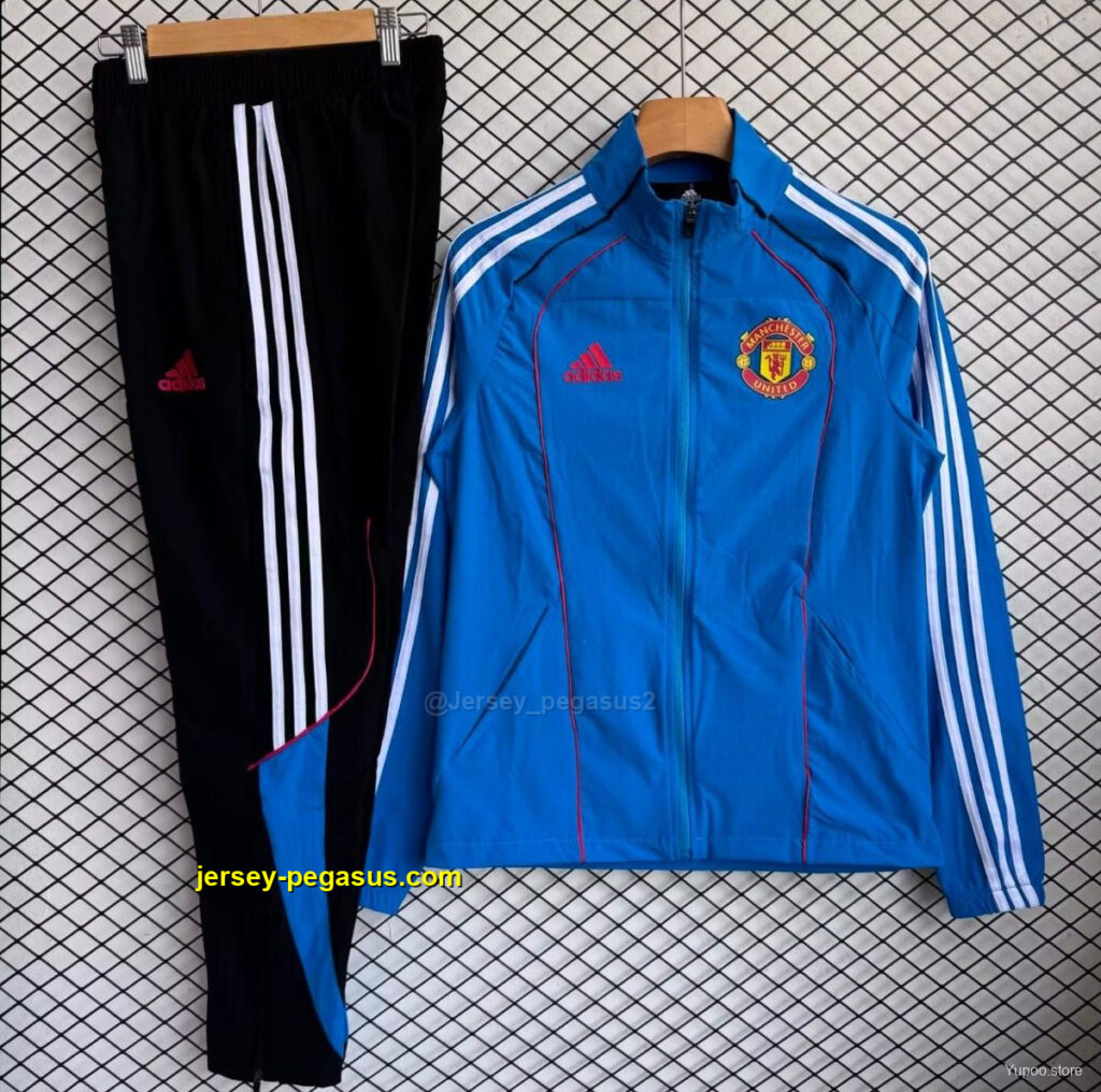 Manchester United Blue with White Full zipper Jacket Tracksuit+ long pants