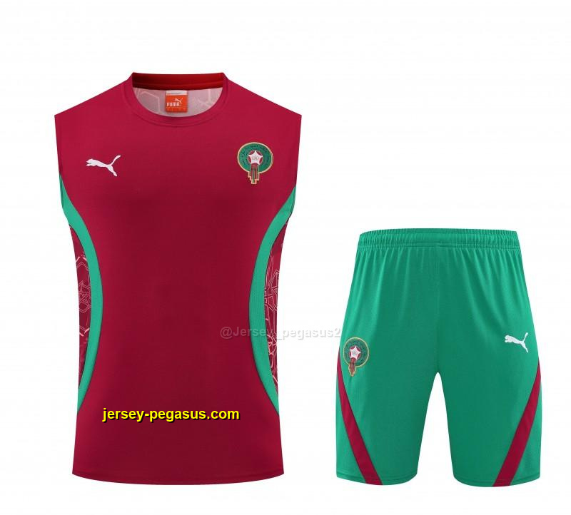 Morocco Red Sleeveless Training Vest +Green Shorts Set Morocco Red Sleeveless Training Vest +Green Shorts Set