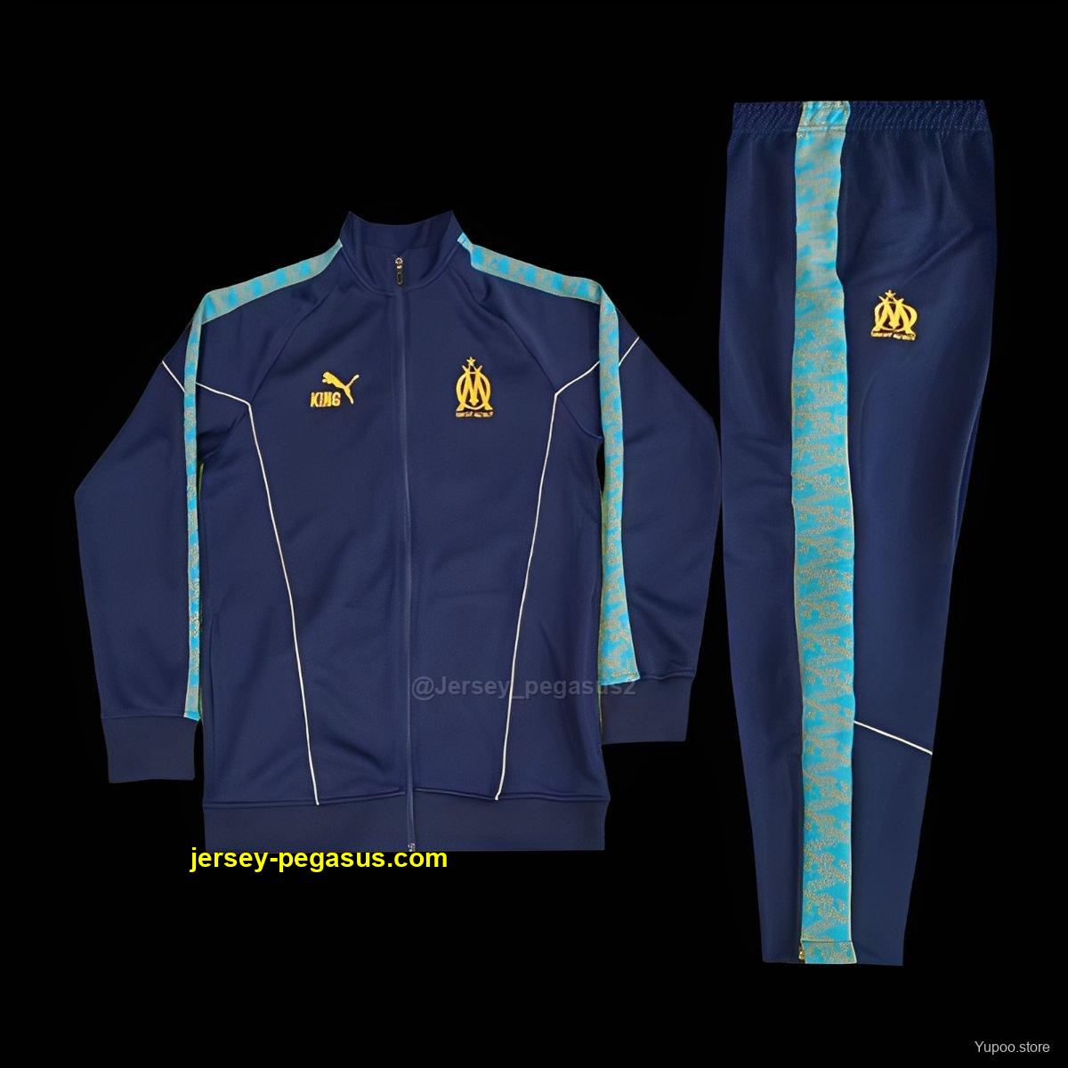 Olympique Marseille Navy Blue with Sky Blue Stripes Full Zipper Jacket Tracksuit Olympique Marseille Navy Blue with Sky Blue Stripes Full Zipper Jacket Tracksuit