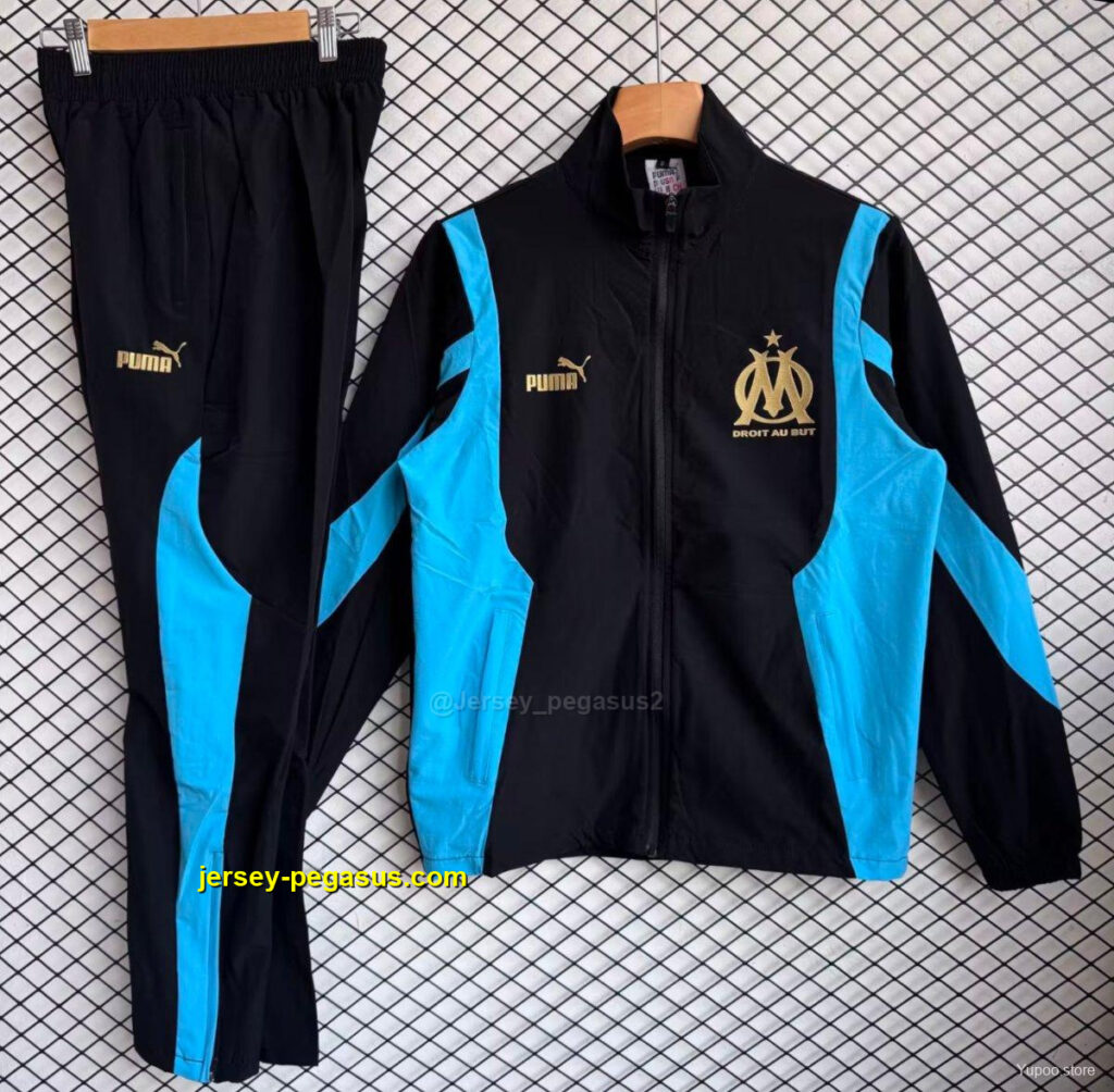 Olympique de Marseille Black with Blue Full zipper Jacket Tracksuit+ long pants