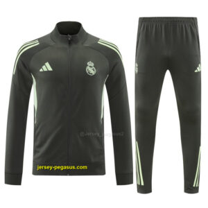 Real Madrid Dark Grey with Neon Green Stripes Half Zipper Jacket Tracksuit +Long