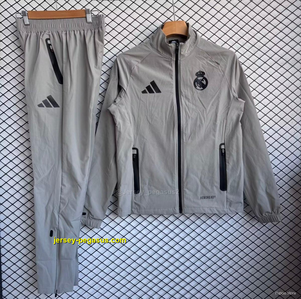 Real Madrid Grey with Black Full zipper Jacket Tracksuit+ long pants Real Madrid Grey with Black Full zipper Jacket Tracksuit+ long pants