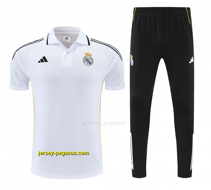 Real Madrid White Polo Training Shirt + Black Long Pants Tracksuit Real Madrid White Polo Training Shirt + Black Long Pants Tracksuit