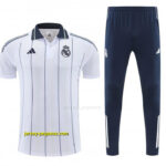 Real Madrid White Stripes Polo Training Shirt + Long Pants Tracksuit