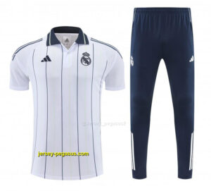 Real Madrid White Stripes Polo Training Shirt + Long Pants Tracksuit