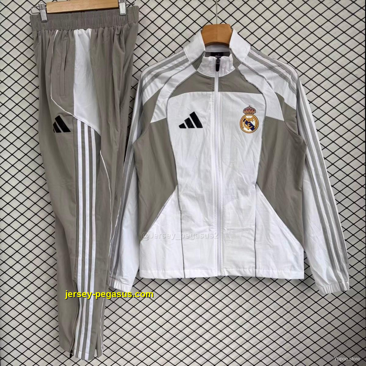 Real Madrid White with Grey Full zipper Jacket Tracksuit+ long pants Real Madrid White with Grey Full zipper Jacket Tracksuit+ long pants
