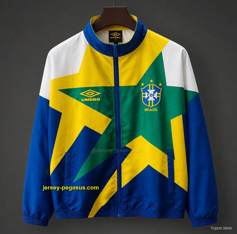 Retro Brazil Yellow & Green & Blue Star Pattern Windbreaker Jacket Retro Brazil Yellow & Green & Blue Star Pattern Windbreaker Jacket