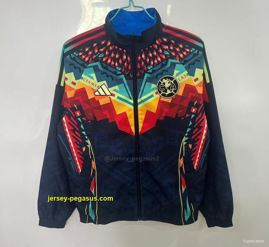 Club America Navy Blue with Aztec-Inspired Geometric Pattern Windbreaker Club America Navy Blue with Aztec-Inspired Geometric Pattern Windbreaker