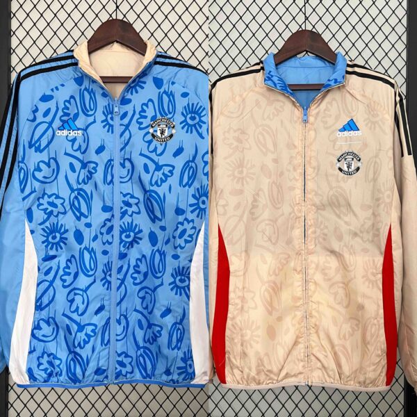 2024 Manchester United Blue&Beige Trench Coat Reversible Windbreaker Jacket Socc