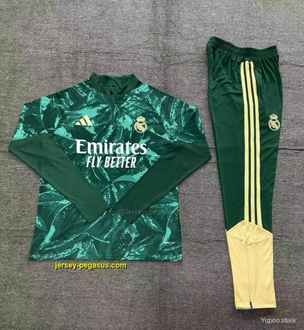 2026 Kids Real Madrid Dark Green Camouflage Half Zipper Jacket Tracksuit + Long