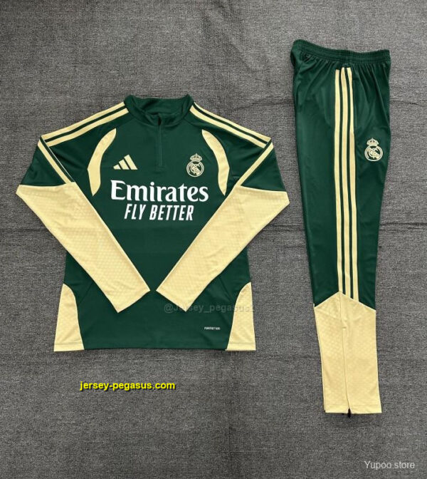 2026 Kids Real Madrid Green & Cream Half Zipper Jacket Tracksuit + Long Pants