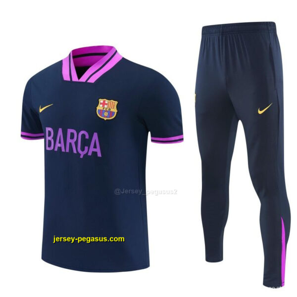 FC Barcelona Navy Blue with Purple Short Sleeve Tracksuit + Long Pants