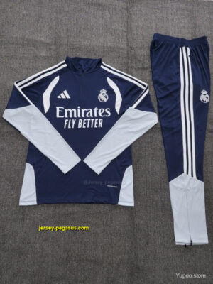 Kids Real Madrid Away Navy Blue Half Zipper Jacket Tracksuit + Long Pants