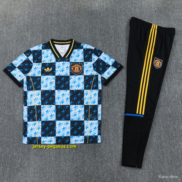 Manchester United Blue & Black Checkerboard Short Sleeve Tracksuit + Long Pants
