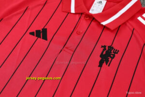 Manchester United Red Stripes Polo Training Shirt + Long Pants Tracksuit