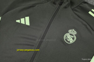 Real Madrid Dark Grey with Neon Green Stripes Half Zipper Jacket Tracksuit +Long
