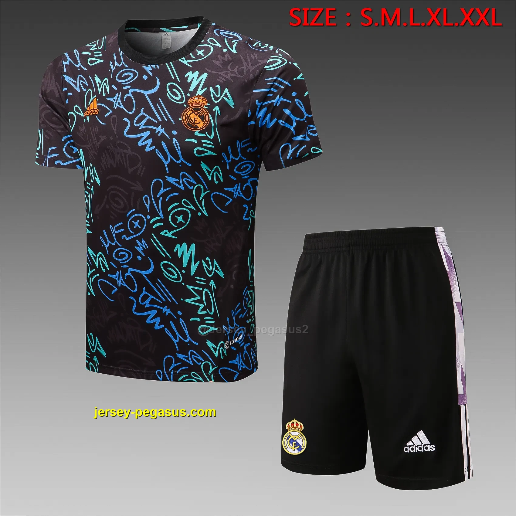 Short-sleeved 2223 Real Madrid full body inkjet black (with five-length pa Short-sleeved 2223 Real Madrid full body inkjet black (with five-length pa