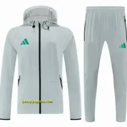 Adidas Light Grey Full Zipper Hooded Windbreaker Jacket Tracksuit + Long Pants