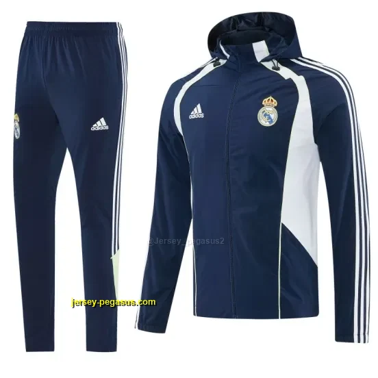 Real Madrid Navy Blue Full Zipper Hooded Windbreaker Tracksuit + Long Pants