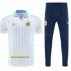 Argentina White Stripes Polo Training Shirt + Navy Blue Long Pants Tracksuit