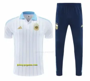 Argentina White Stripes Polo Training Shirt + Navy Blue Long Pants Tracksuit