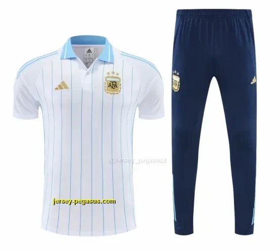 Argentina White Stripes Polo Training Shirt + Navy Blue Long Pants Tracksuit