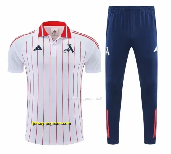 Arsenal White&Red Stripes Polo Training Shirt + Long Pants Tracksuit