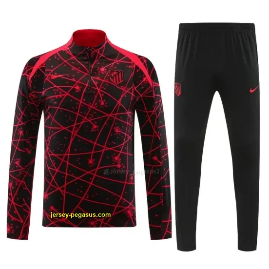 Atletico Madrid Black with Red Geometric Lines Pattern Half Zipper Jacket Tracks