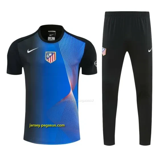 Atlético de Madrid Black & Blue with Fluid Wave Print Short Sleeve Tracksuit + B