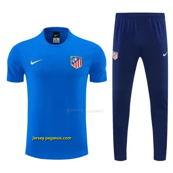 Atlético de Madrid Blue Short Sleeve Tracksuit + Navy Blue Long Pants