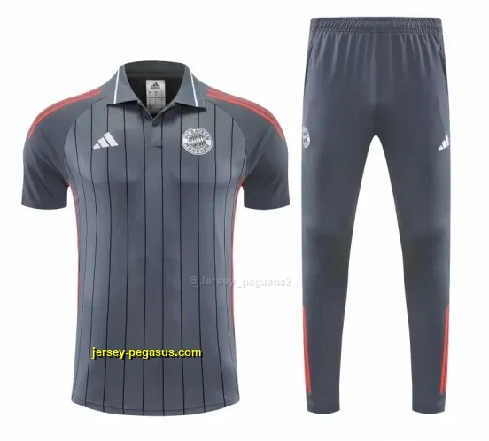 Bayern Munich Grey Stripes Polo Training Shirt + Long Pants Tracksuit