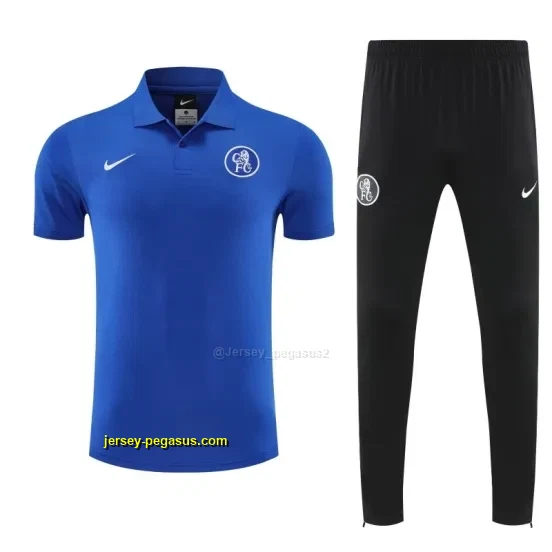 Chelsea Blue Polo Training Shirt + Black Long Pants Tracksuit