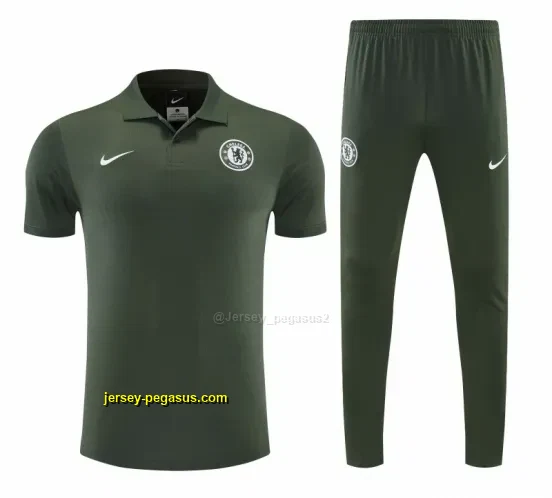 Chelsea Dark Green Polo Training Shirt + Long Pants Tracksuit