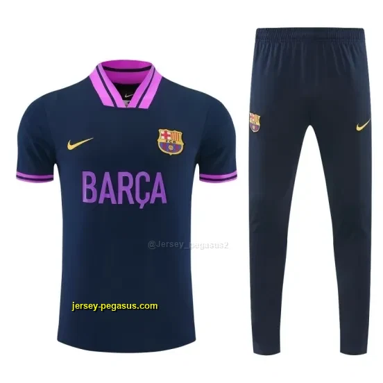 FC Barcelona Navy Blue with Purple Short Sleeve Tracksuit + Long Pants