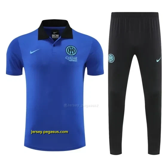 Inter Milan Blue Polo Training Shirt + Black Long Pants Tracksuit