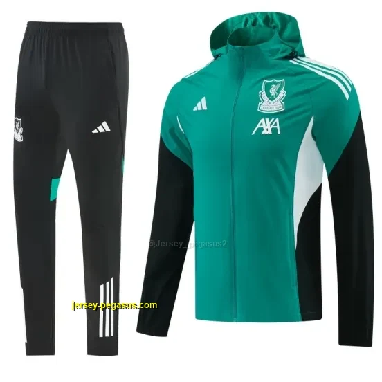 Liverpool Green Full Zipper Hooded Jacket Tracksuit + Black Long Pants