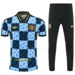 Manchester United Blue & Black Checkerboard Short Sleeve Tracksuit + Long Pants