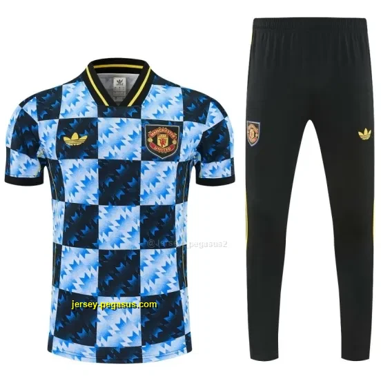 Manchester United Blue & Black Checkerboard Short Sleeve Tracksuit + Long Pants