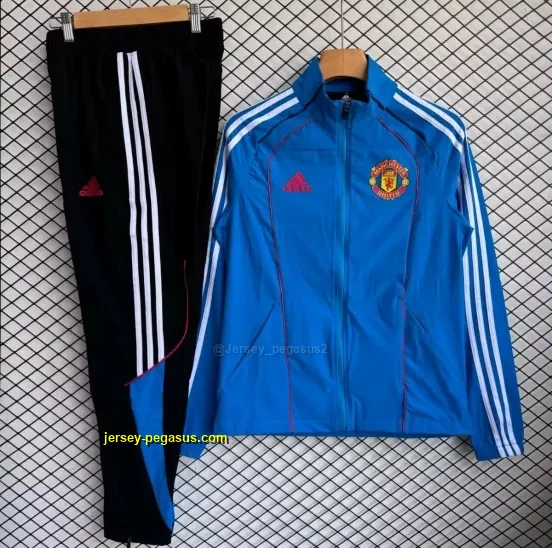 Manchester United Blue with White Full zipper Jacket Tracksuit+ long pants