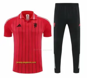 Manchester United Red Stripes Polo Training Shirt + Long Pants Tracksuit
