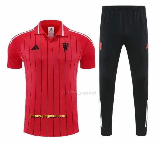 Manchester United Red Stripes Polo Training Shirt + Long Pants Tracksuit