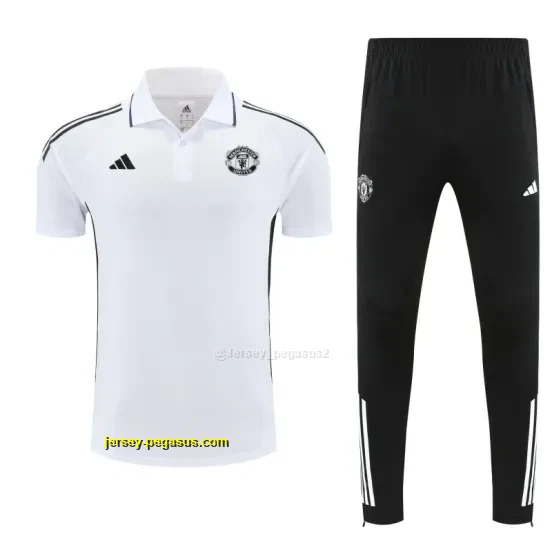 Manchester United White Polo Training Shirt + Long Pants Tracksuit
