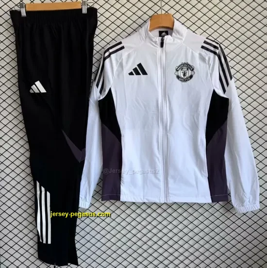 Manchester United White with Black Full zipper Jacket Tracksuit+ long pants