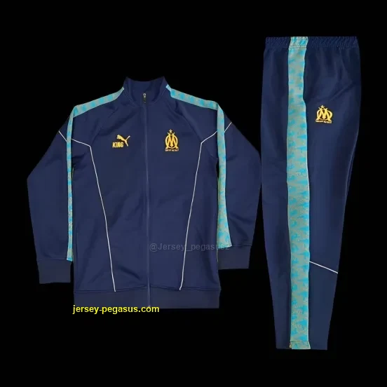 Olympique Marseille Navy Blue with Sky Blue Stripes Full Zipper Jacket Tracksuit