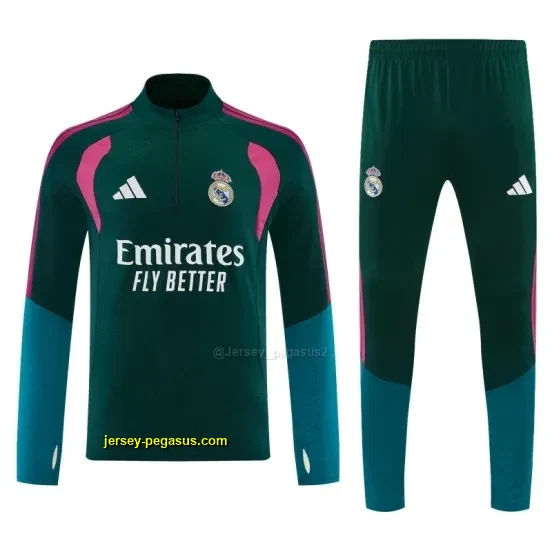 Real Madrid Dark Green Half Zipper Jacket Tracksuit + Long Pants