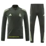 Real Madrid Dark Grey with Neon Green Stripes Half Zipper Jacket Tracksuit +Long