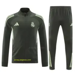 Real Madrid Dark Grey with Neon Green Stripes Half Zipper Jacket Tracksuit +Long