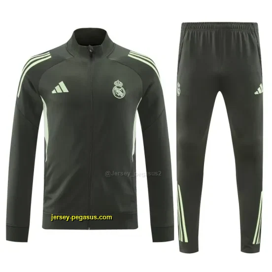 Real Madrid Dark Grey with Neon Green Stripes Half Zipper Jacket Tracksuit +Long