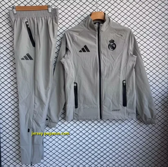 Real Madrid Grey with Black Full zipper Jacket Tracksuit+ long pants