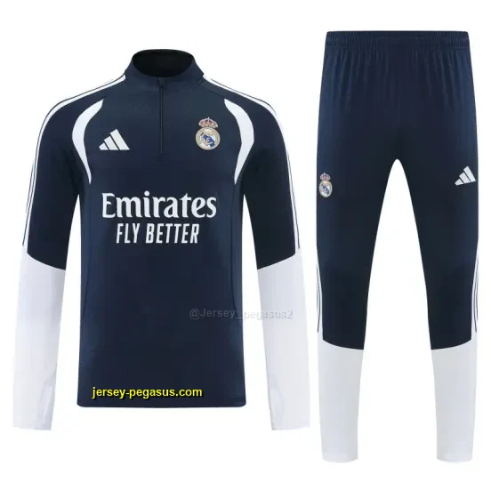 Real Madrid Navy Blue Half Zipper Jacket Tracksuit + Long Pants